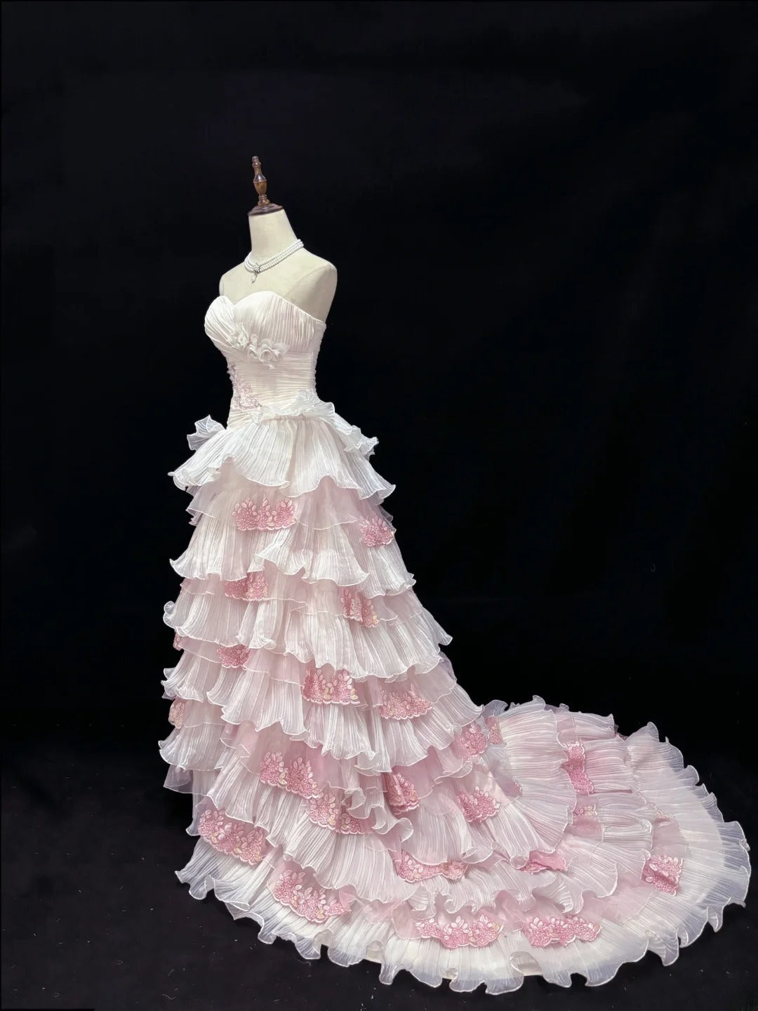 Beautiful Ball Gown Sweetheart Pink With Tiered Layers Lace Prom Dress Formal Outfits Evening Night Dresses RB7632