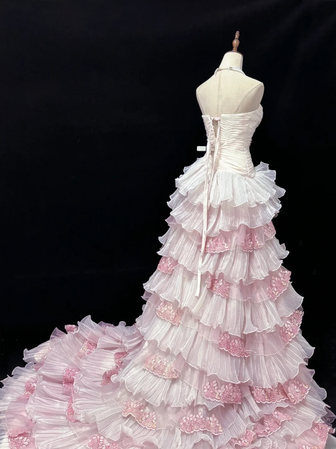 Beautiful Ball Gown Sweetheart Pink With Tiered Layers Lace Prom Dress Formal Outfits Evening Night Dresses RB7632