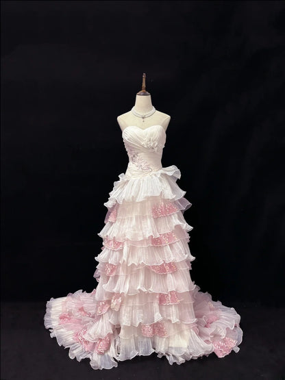 Beautiful Ball Gown Sweetheart Pink With Tiered Layers Lace Prom Dress Formal Outfits Evening Night Dresses RB7632