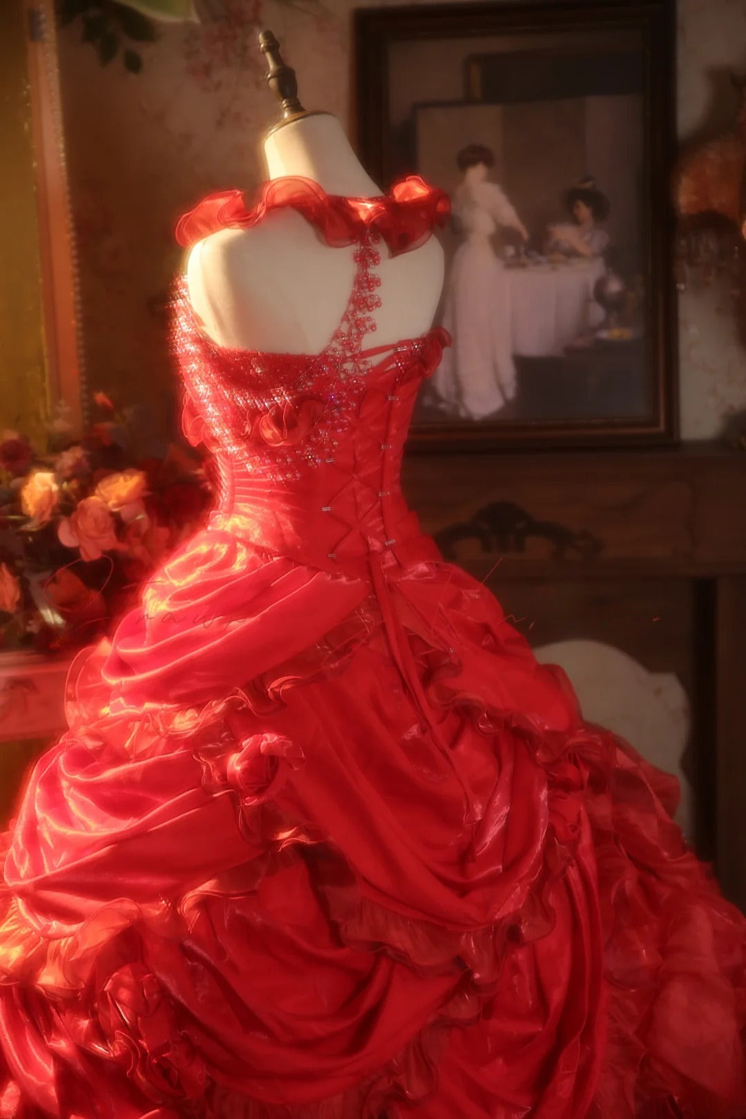 Red Halter With Flowers Quinceanera Dress With Train Ball Gown Sweet 15 Gown RB9153