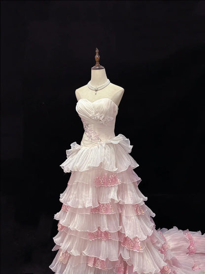 Beautiful Ball Gown Sweetheart Pink With Tiered Layers Lace Prom Dress Formal Outfits Evening Night Dresses RB7632