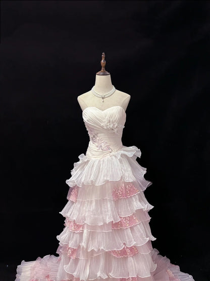 Beautiful Ball Gown Sweetheart Pink With Tiered Layers Lace Prom Dress Formal Outfits Evening Night Dresses RB7632