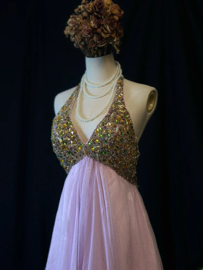 Princess A line Halter Pink With Gold Beads 16th Birthday Gown Homecoming Dresses Inspo Hoco Outfits RB6031