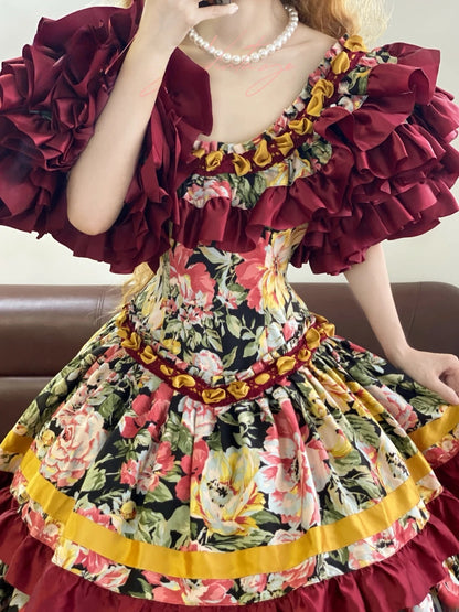 Quinceanera Dress Floral Satin Square Neck Burgundy With Sleeves Ball Gown Sweet 15 Gown RB9154