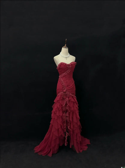 Beautiful Mermaid Sweetheart Burgundy With Tiered Layers Prom Dress Formal Outfits Evening Night Dresses RB7633