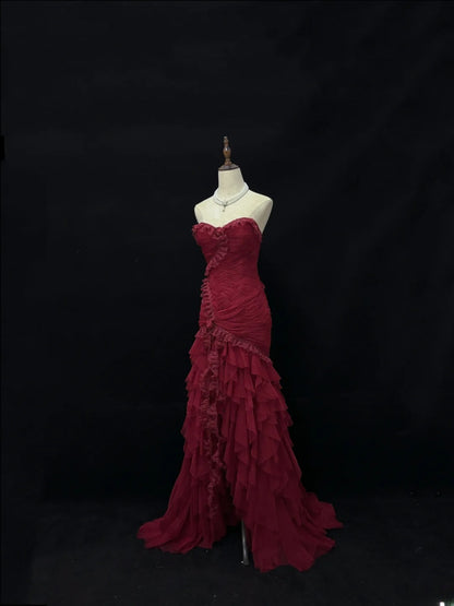 Beautiful Mermaid Sweetheart Burgundy With Tiered Layers Prom Dress Formal Outfits Evening Night Dresses RB7633