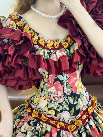 Quinceanera Dress Floral Satin Square Neck Burgundy With Sleeves Ball Gown Sweet 15 Gown RB9154