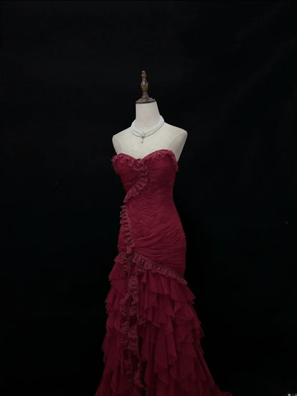 Beautiful Mermaid Sweetheart Burgundy With Tiered Layers Prom Dress Formal Outfits Evening Night Dresses RB7633
