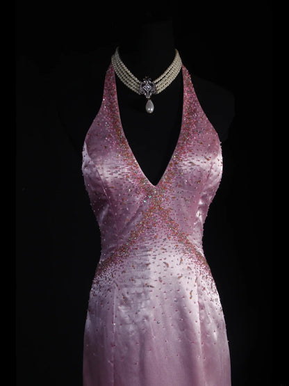 Classy Prom Dresses 1950s Mermaid V Neck Satin Lilac Vintage Long Parties Gowns Evening Dress AS233