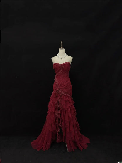 Beautiful Mermaid Sweetheart Burgundy With Tiered Layers Prom Dress Formal Outfits Evening Night Dresses RB7633