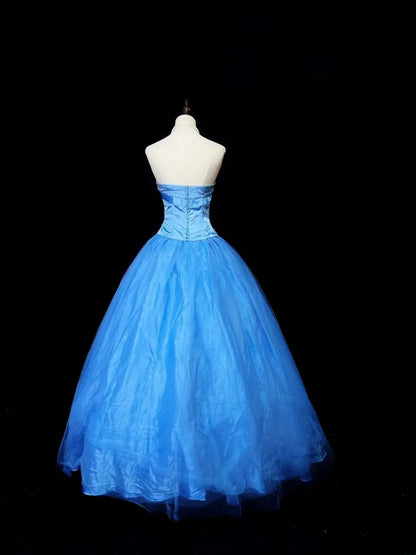 Pretty Ball Gown Strapless Royal Blue Tulle With Beads Long 15 Quinceanera Dresses Photo Ideas Formal Outfit RB6032