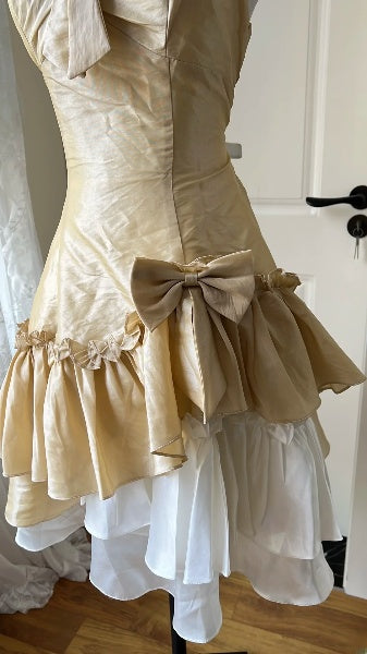 Gold Hoco Dress A line Spaghetti Straps Satin Short Homecoming 17th Birthday Party Dress RC0582