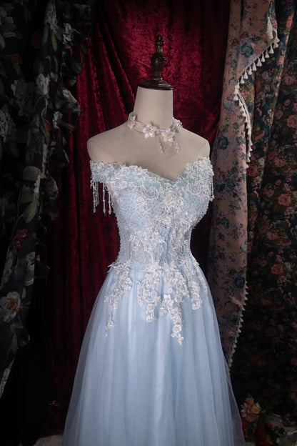 Modest A line Off The Shoulder Light Sky Blue Tulle With Appliqued High School Dances Prom Dresses Formal Outfits Evening Gown RB8504