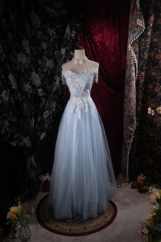 Modest A line Off The Shoulder Light Sky Blue Tulle With Appliqued High School Dances Prom Dresses Formal Outfits Evening Gown RB8504