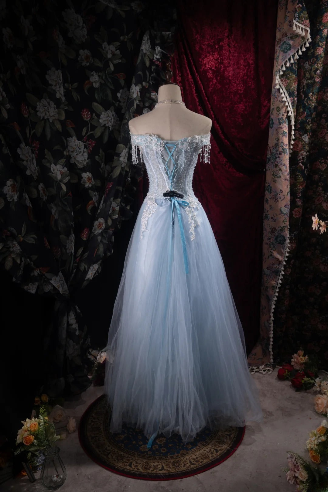 Modest A line Off The Shoulder Light Sky Blue Tulle With Appliqued High School Dances Prom Dresses Formal Outfits Evening Gown RB8504