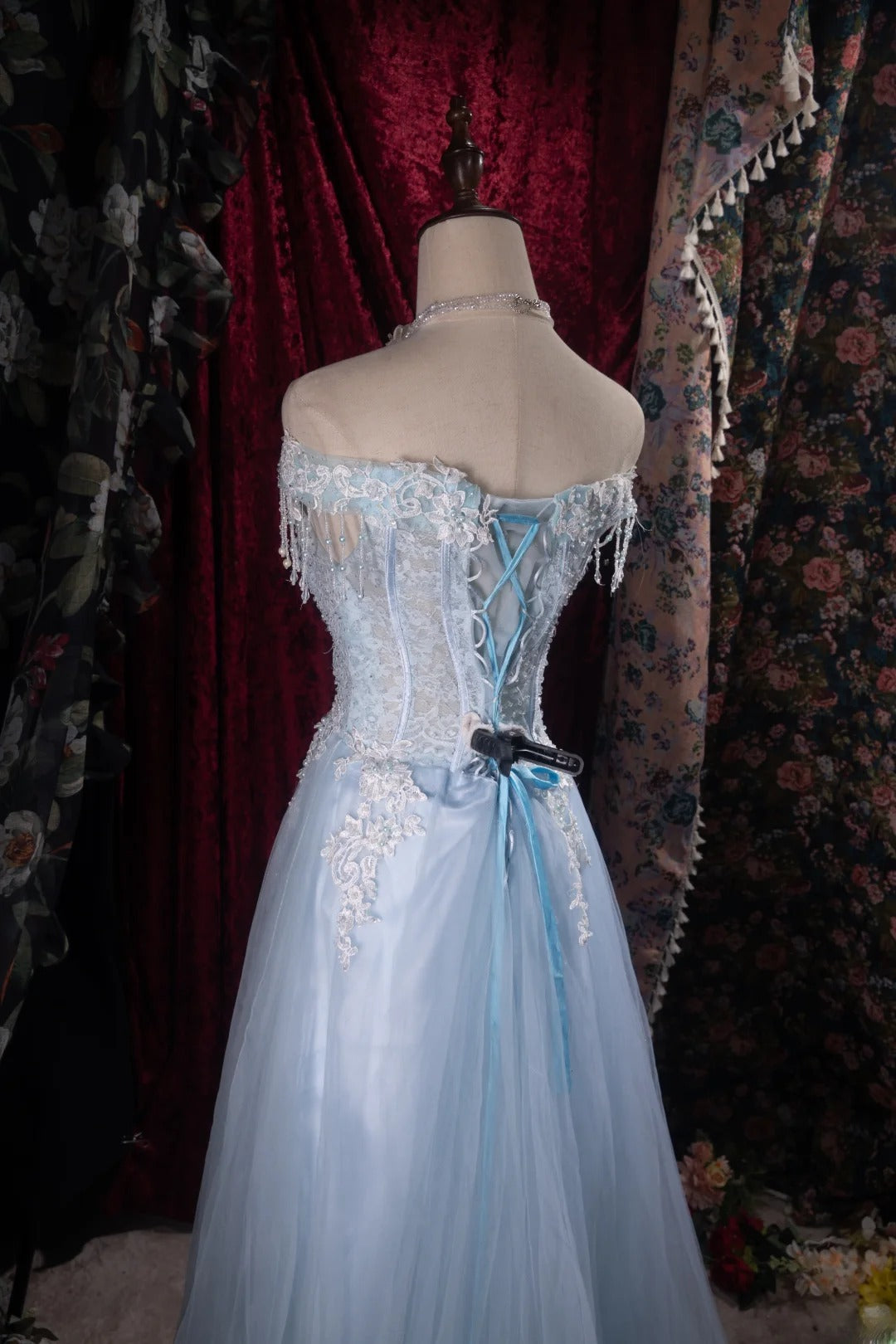 Modest A line Off The Shoulder Light Sky Blue Tulle With Appliqued High School Dances Prom Dresses Formal Outfits Evening Gown RB8504