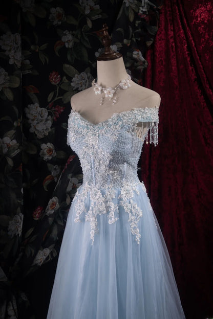 Modest A line Off The Shoulder Light Sky Blue Tulle With Appliqued High School Dances Prom Dresses Formal Outfits Evening Gown RB8504