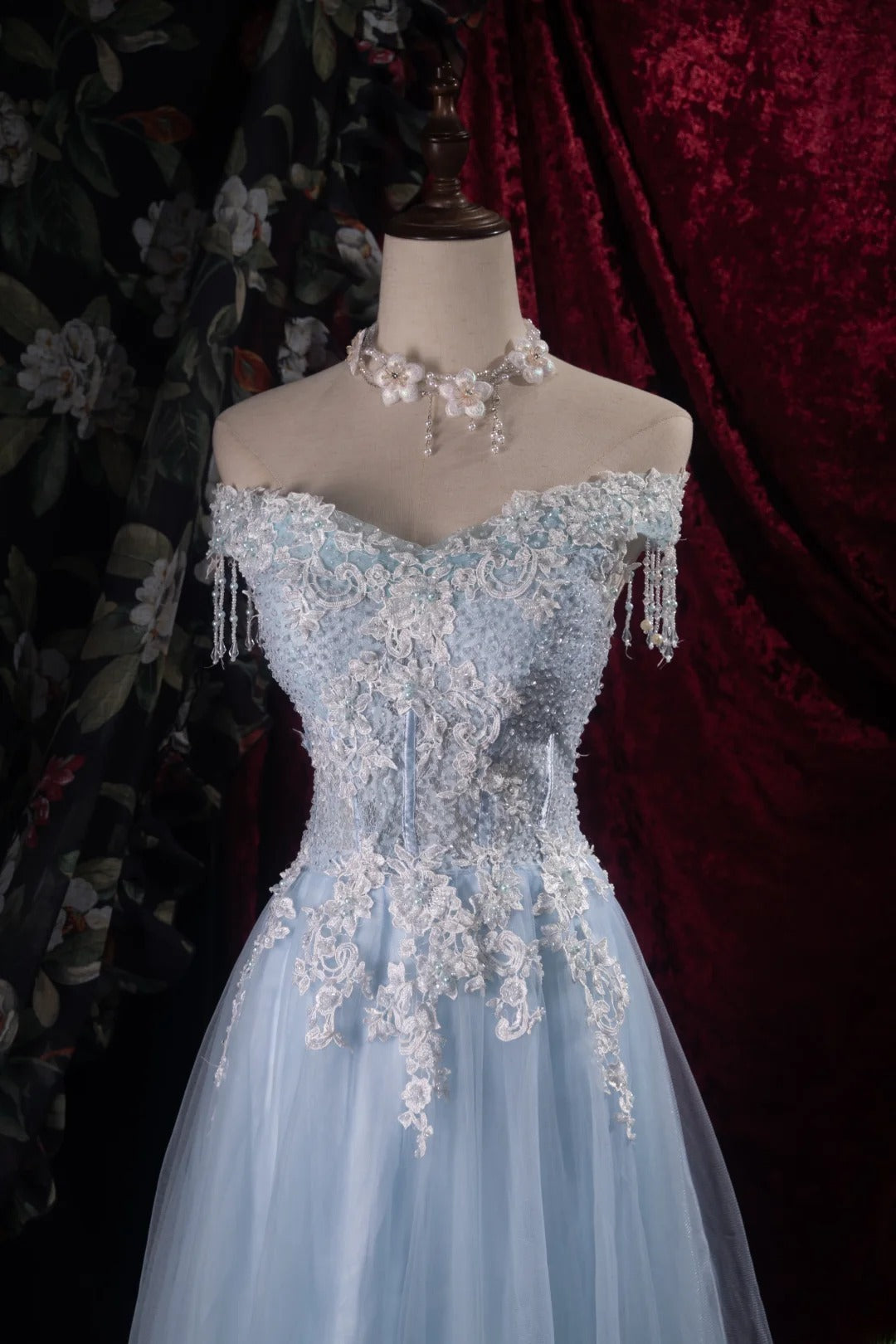 Modest A line Off The Shoulder Light Sky Blue Tulle With Appliqued High School Dances Prom Dresses Formal Outfits Evening Gown RB8504