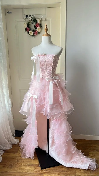 Vintage Prom Dresses Aesthetic 80s Retro High Low Strapless Pink Evening Outfits RC0584