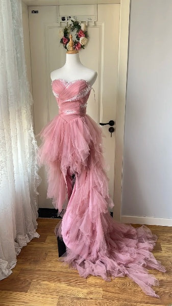 Vintage Prom Dresses Aesthetic 90s Retro High Low Sweetheart Tulle Pink Evening Outfits RC0585