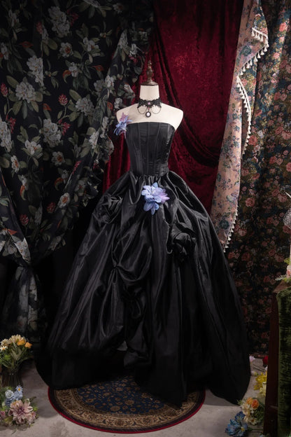 Dreamy Ball Gown Formal Events Strapless Black Satin With Flowers Quince Dress Quinceanera Dresses Birthday Outfits RB8506
