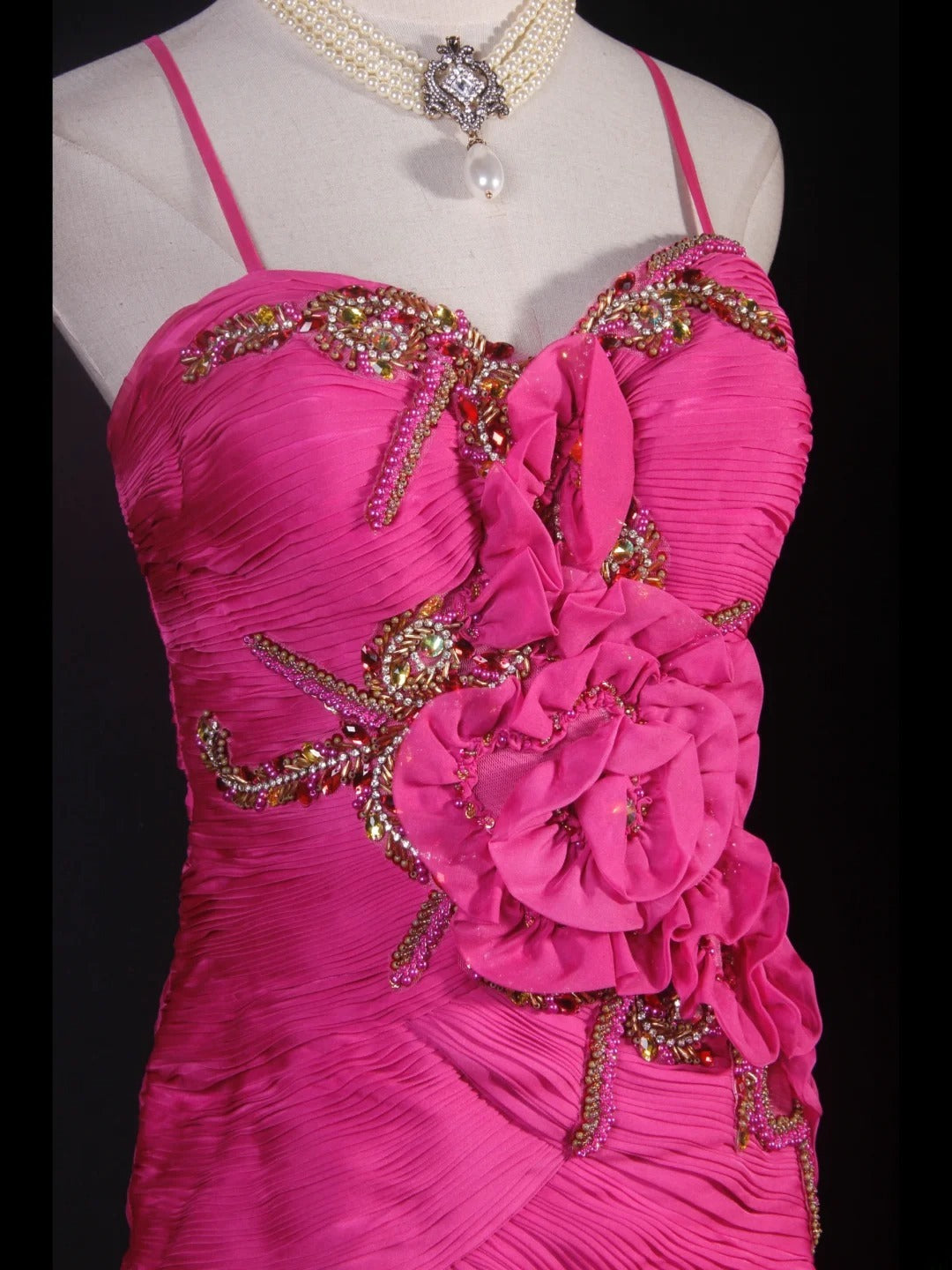 Classy Prom Dresses 1950s Mermaid Spaghetti Straps Chiffon Hot Pink Layered Beaded Long Parties Gowns Evening Dress AS237