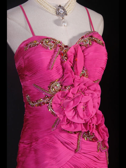 Classy Prom Dresses 1950s Mermaid Spaghetti Straps Chiffon Hot Pink Layered Beaded Long Parties Gowns Evening Dress AS237