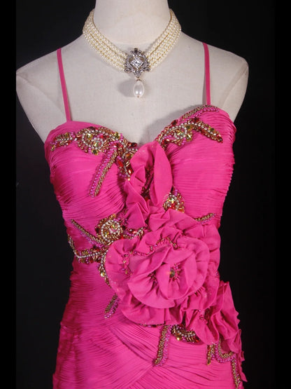 Classy Prom Dresses 1950s Mermaid Spaghetti Straps Chiffon Hot Pink Layered Beaded Long Parties Gowns Evening Dress AS237