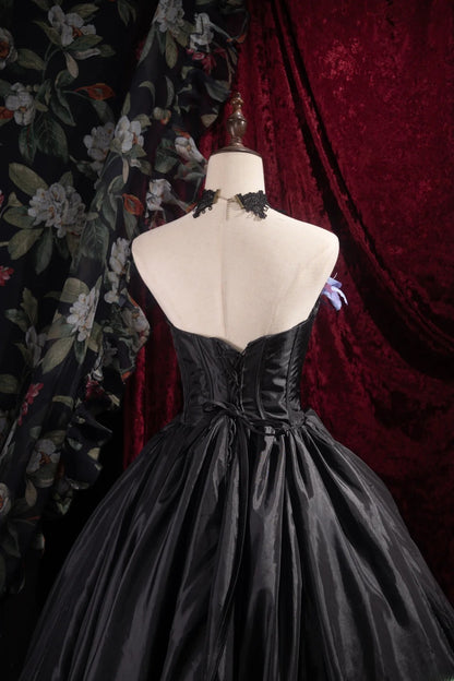 Dreamy Ball Gown Formal Events Strapless Black Satin With Flowers Quince Dress Quinceanera Dresses Birthday Outfits RB8506