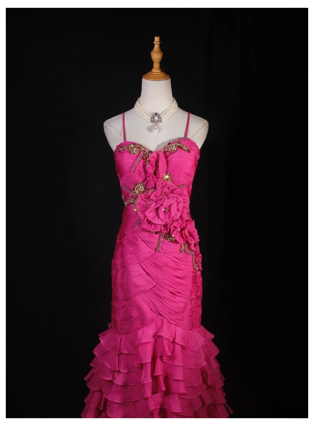 Classy Prom Dresses 1950s Mermaid Spaghetti Straps Chiffon Hot Pink Layered Beaded Long Parties Gowns Evening Dress AS237