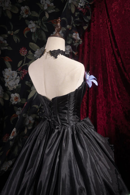Dreamy Ball Gown Formal Events Strapless Black Satin With Flowers Quince Dress Quinceanera Dresses Birthday Outfits RB8506
