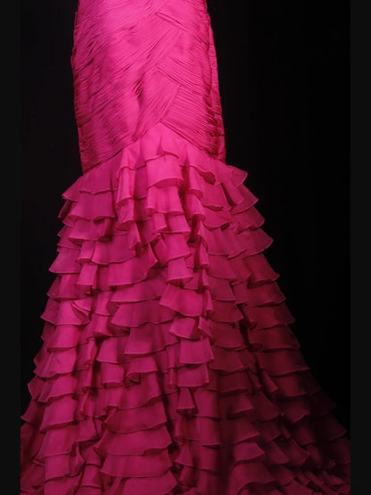 Classy Prom Dresses 1950s Mermaid Spaghetti Straps Chiffon Hot Pink Layered Beaded Long Parties Gowns Evening Dress AS237