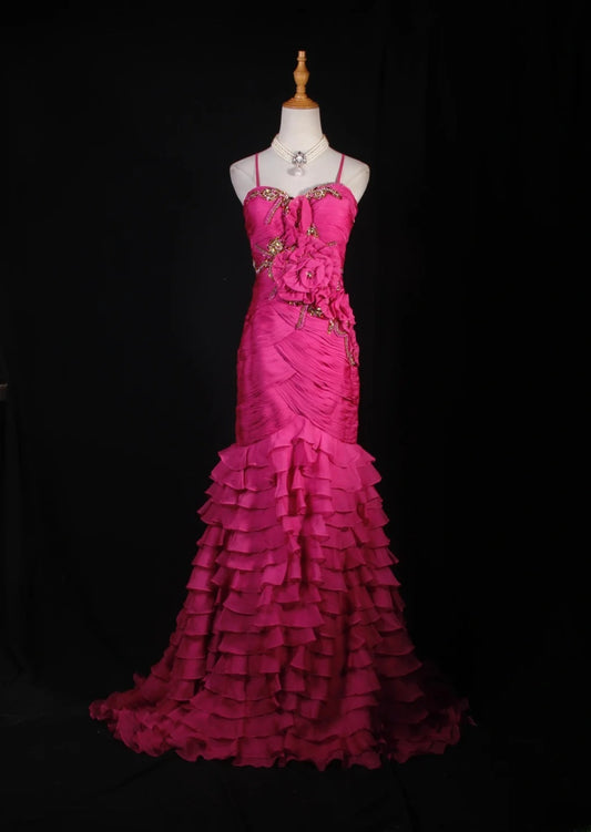 Classy Prom Dresses 1950s Mermaid Spaghetti Straps Chiffon Hot Pink Layered Beaded Long Parties Gowns Evening Dress AS237