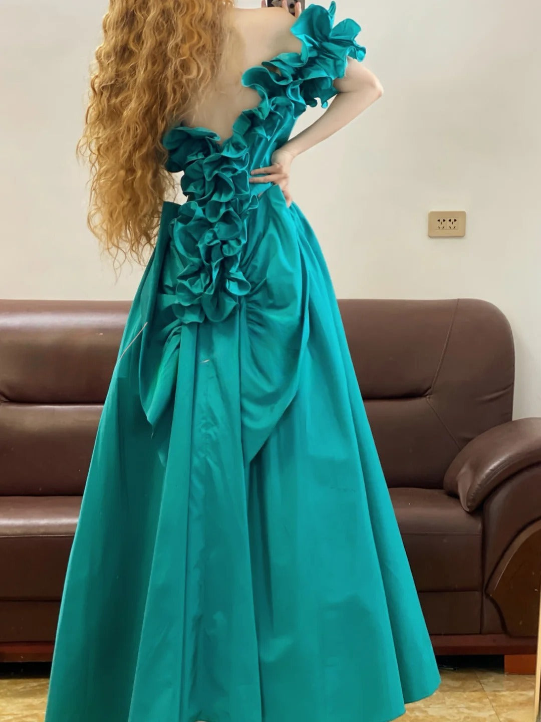 Chic A line Off Shoulder Blue Satin With Ruffles Prom Dress For Women Evening Party Gown RB9157