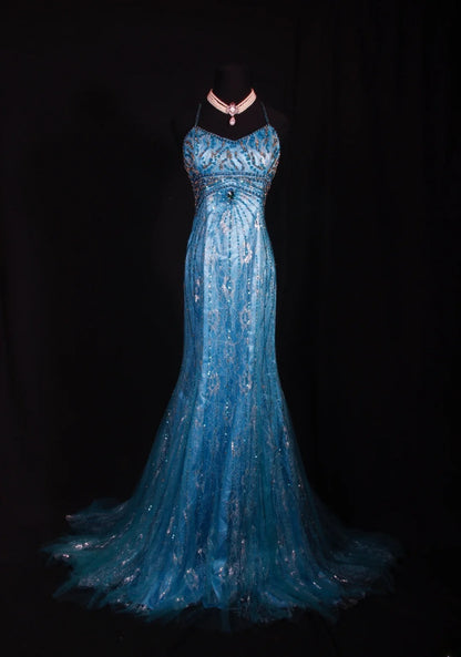 Classy Prom Dresses 1950s Mermaid Spaghetti Straps Blue Tulle Beaded Long Parties Gowns Evening Dress AS238