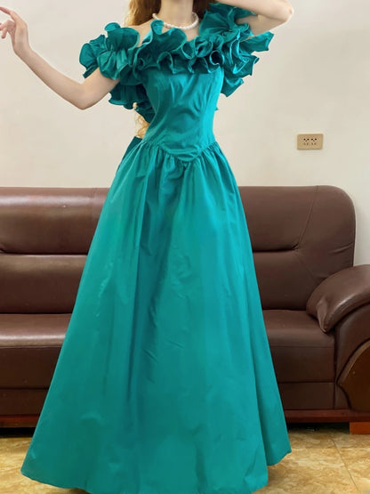 Chic A line Off Shoulder Blue Satin With Ruffles Prom Dress For Women Evening Party Gown RB9157