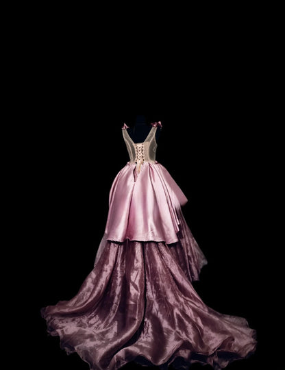 Gothic High Low Sweet 16 Ball Gown,Pink 3D Flowers Layered Tulle Long Sweet Sixteen Formal Dress RB9986