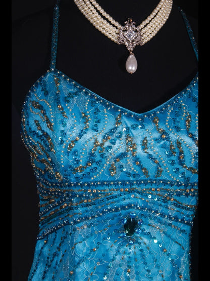 Classy Prom Dresses 1950s Mermaid Spaghetti Straps Blue Tulle Beaded Long Parties Gowns Evening Dress AS238