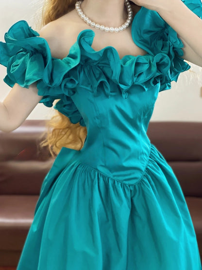 Chic A line Off Shoulder Blue Satin With Ruffles Prom Dress For Women Evening Party Gown RB9157