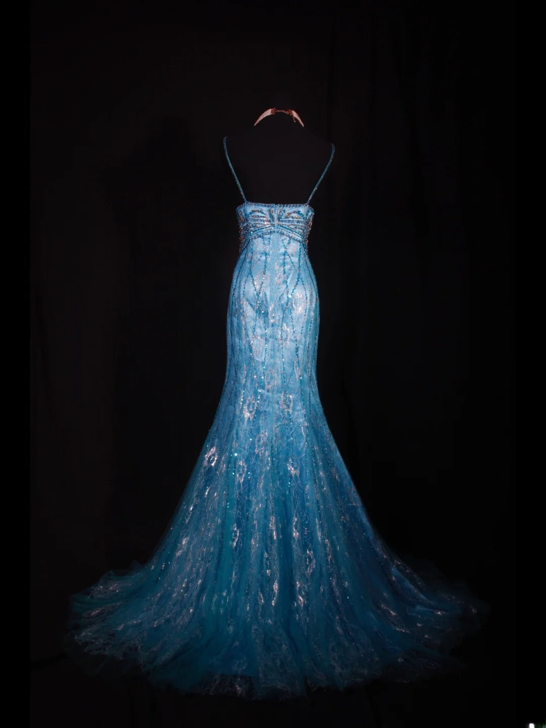 Classy Prom Dresses 1950s Mermaid Spaghetti Straps Blue Tulle Beaded Long Parties Gowns Evening Dress AS238