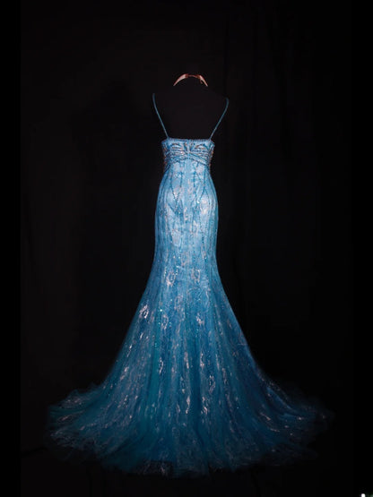 Classy Prom Dresses 1950s Mermaid Spaghetti Straps Blue Tulle Beaded Long Parties Gowns Evening Dress AS238