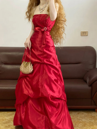 Chic A line Strapless Red Satin With Lace Prom Dress For Women Evening Party Gown RB9158
