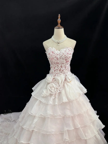 Elegant Ball Gowns Sweetheart Light Pink Poofy Long Lace Quince Dress Sweet 16 Ideas Quinceanera Dresses Vestidos De 15 anos RB7639