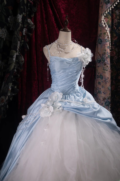 Chic Ball Gown Spaghetti Straps White Tulle Blue Long With Flower Tiered Quince Dress inspo Party Gowns Sweet 16 Outfits RB8507