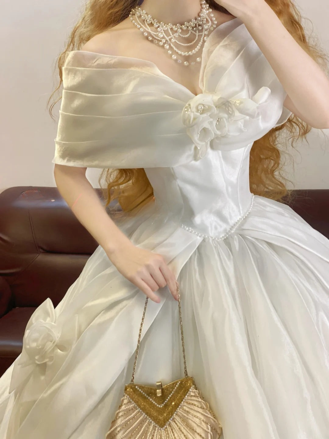 Elegant Floor Length Wedding Dress Classic White Ball Gown Off Shoulder With Sleeves Bridal Gown for Big Day RB9159