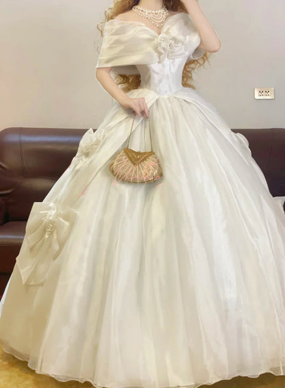 Elegant Floor Length Wedding Dress Classic White Ball Gown Off Shoulder With Sleeves Bridal Gown for Big Day RB9159