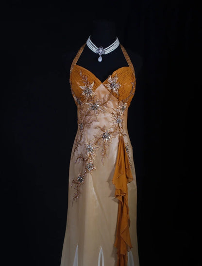 Classy Prom Dresses 1950s Mermaid Halter Chiffon With Beaded Long Parties Gowns Evening Dress AS240
