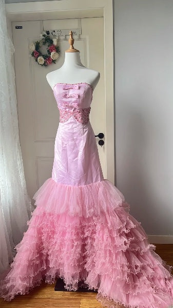 Vintage Prom Dresses Aesthetic 90s Retro Mermaid Strapless Layers Tulle Pink Evening Outfits RC0586
