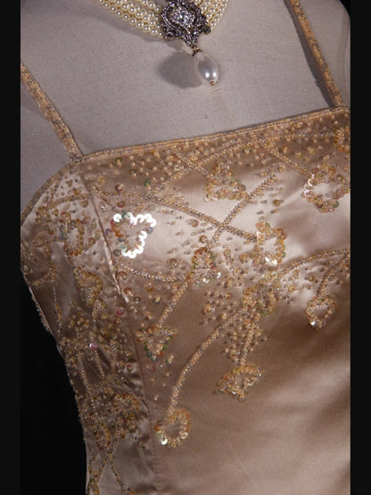 Classy Prom Dresses 1950s Mermaid Spaghetti Strap Champagne With Beaded Long Parties Gowns Evening Dress AS241