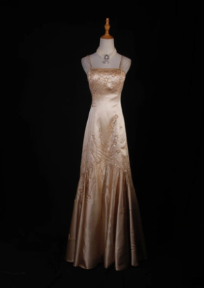 Classy Prom Dresses 1950s Mermaid Spaghetti Strap Champagne With Beaded Long Parties Gowns Evening Dress AS241